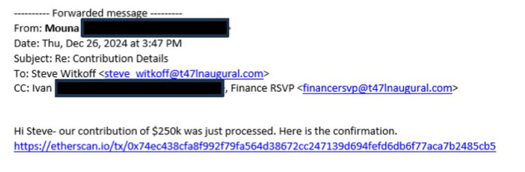 An email reads: “Hi Steve - our contribution of $250k was just processed. Here is the confirmation.” 