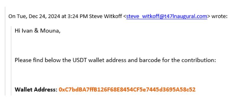 An email reads, "Hi Ivan & Mouna, Please find below the USDT wallet address and barcode for the contribution” 