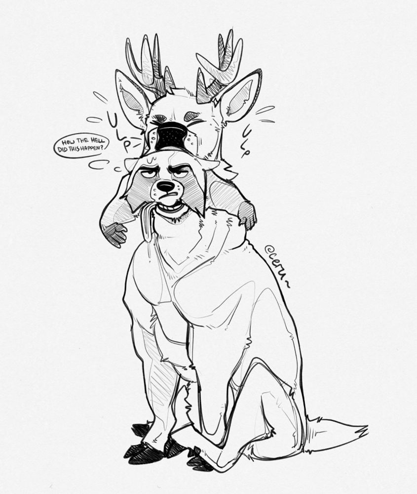 A deer is eating a raccoon. The raccoon is not too thrilled! 