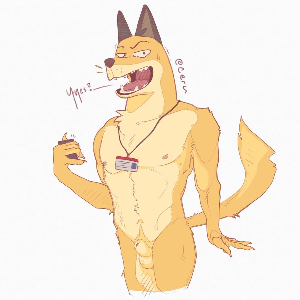 Yamamoto is an anthropomorphic fox from the anime series Odd Taxi. He's naked and very nervous, wearing only his lanyard and holding his phone. 