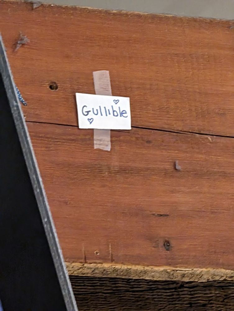 it says gullible on the ceiling. there's a couple hearts drawn on it too