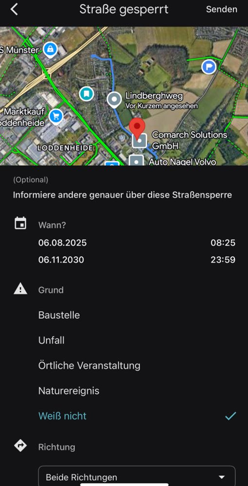 Straße gesperrt, Grund: Weiß nicht, Richtung: beide Richtungen