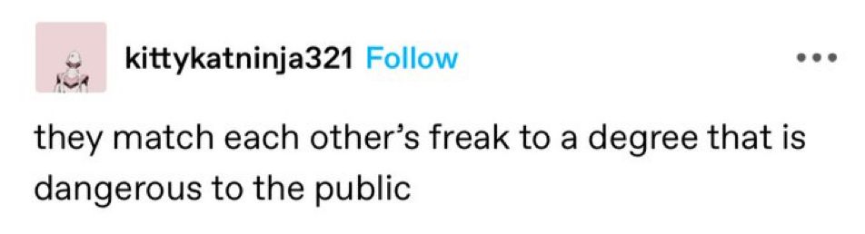 tumblr post that says “they match each others freak to a degree that’s dangerous to the public” 