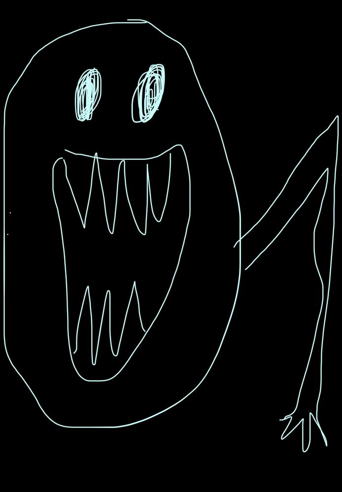 poorly drawn approximation of a monster with a big smiley mouth with large teeth, vacant large eyes, and exaggerated limbs 