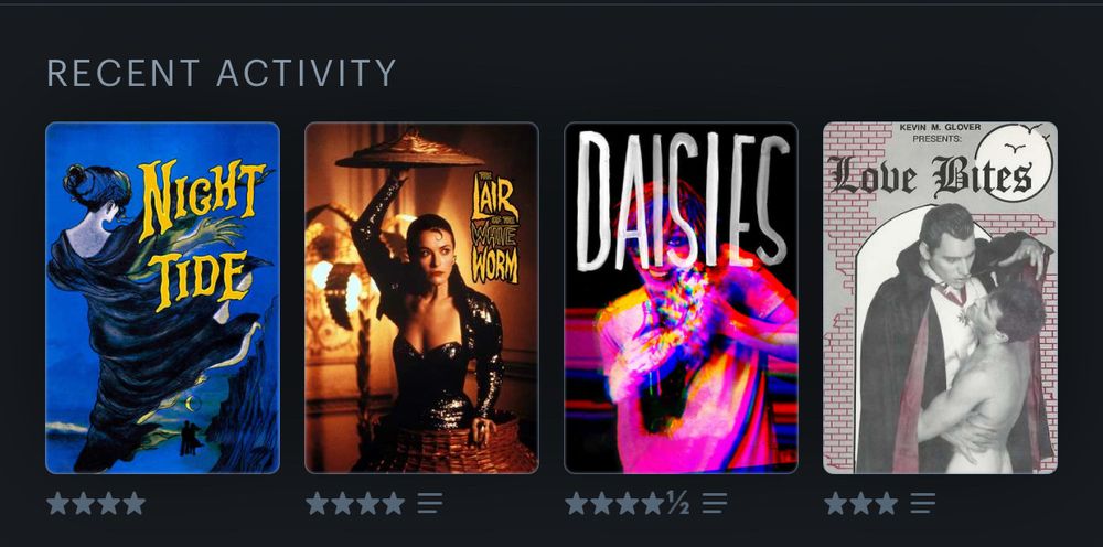 the image shows my last four in order being night ride, the lair of the white worm, daisies, and love bites 