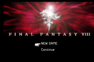 Final Fantasy VIII title screen, a red and black background with a stylised lion design and the options NEW GAME and Continue