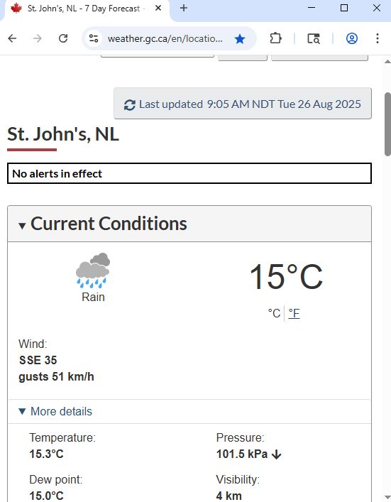 screenshot of weather.gc.ca current conditions for St. John's NL:

Rain, 15C (60F), wind SSE 35kph (22mph), gusts 51kph (32mph), air pressure 101.5kPa (30.0in/Hg) and falling, dew point 15C (59F), visibility 4km (3mi)