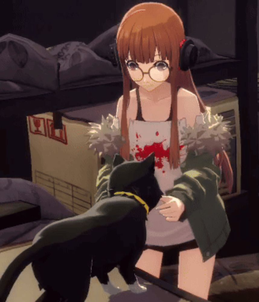 a girl with glasses and headphones standing next to a cat