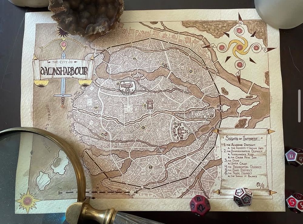 A map in sepia of the fantasy city of Dawnsharbour, which is spread across a river delta.