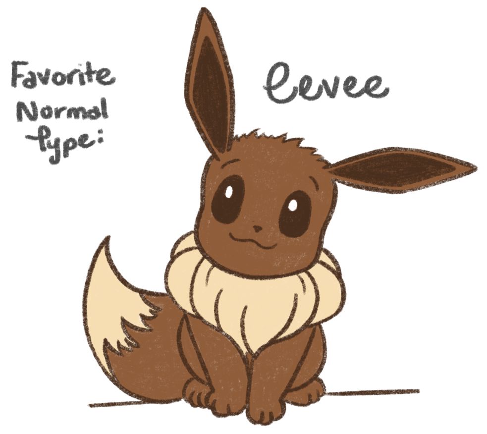 A happy eevee, smiling at you with their head tilted. Text reads "Favorite Normal Type: Eevee"
