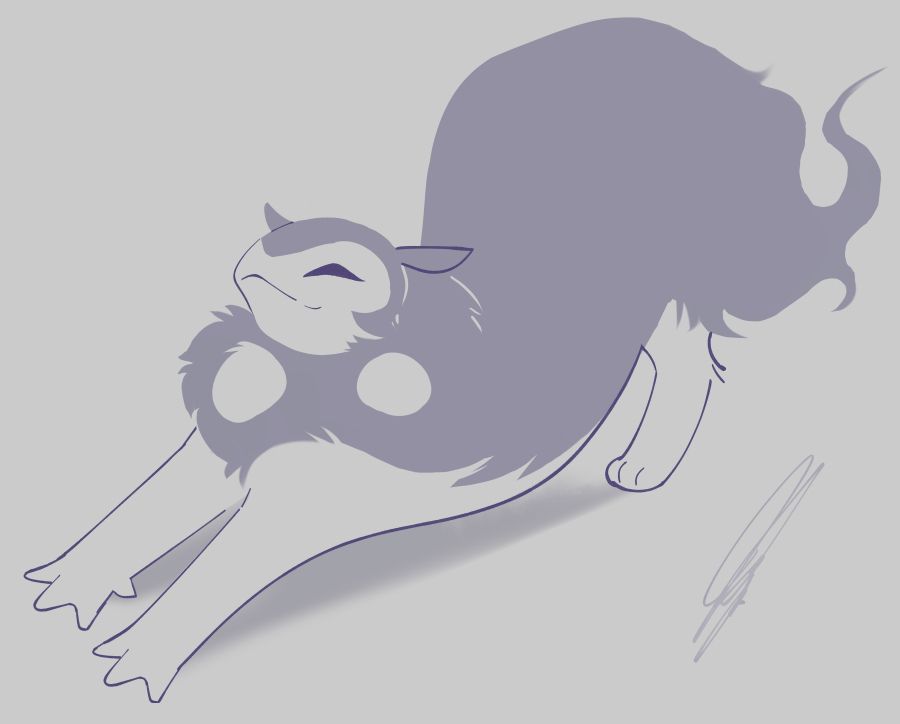 The Pokemon: Hisuian Typhlosion doing a big ol' cat stretch. It's back is arched, toes flared, and butt is in the air.