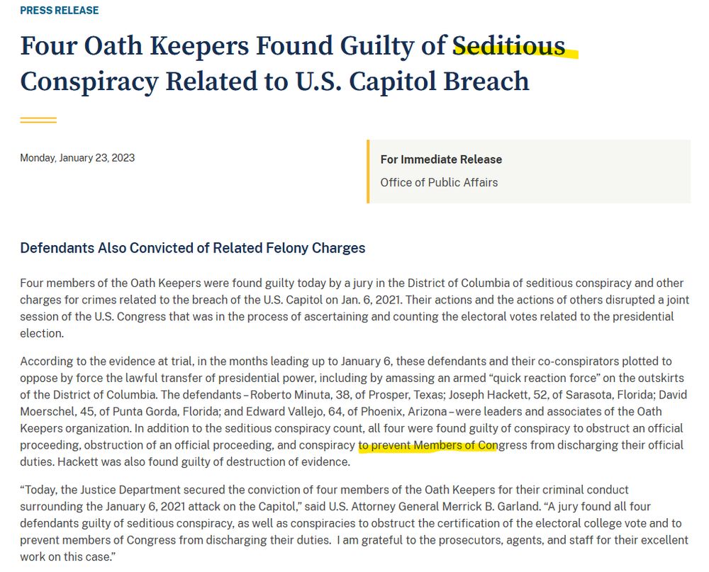 Four Oath Keepers Found Guilty of Seditious Conspiracy Related to U.S. Capitol Breach
Link to article: 
https://www.justice.gov/archives/opa/pr/four-oath-keepers-found-guilty-seditious-conspiracy-related-us-capitol-breach?fbclid=IwY2xjawONcB5leHRuA2FlbQIxMABicmlkETFDdDhkT3ZUWGFZbzVNTGU4c3J0YwZhcHBfaWQQMjIyMDM5MTc4ODIwMDg5MgABHuZzJcHEFoTzrU2KeWxHKDZ8009Q0kLfTberiOs7apqyHKjPdv3YudFCibRT_aem_GAgnbVNKiq67OfFJm4NCmw 
