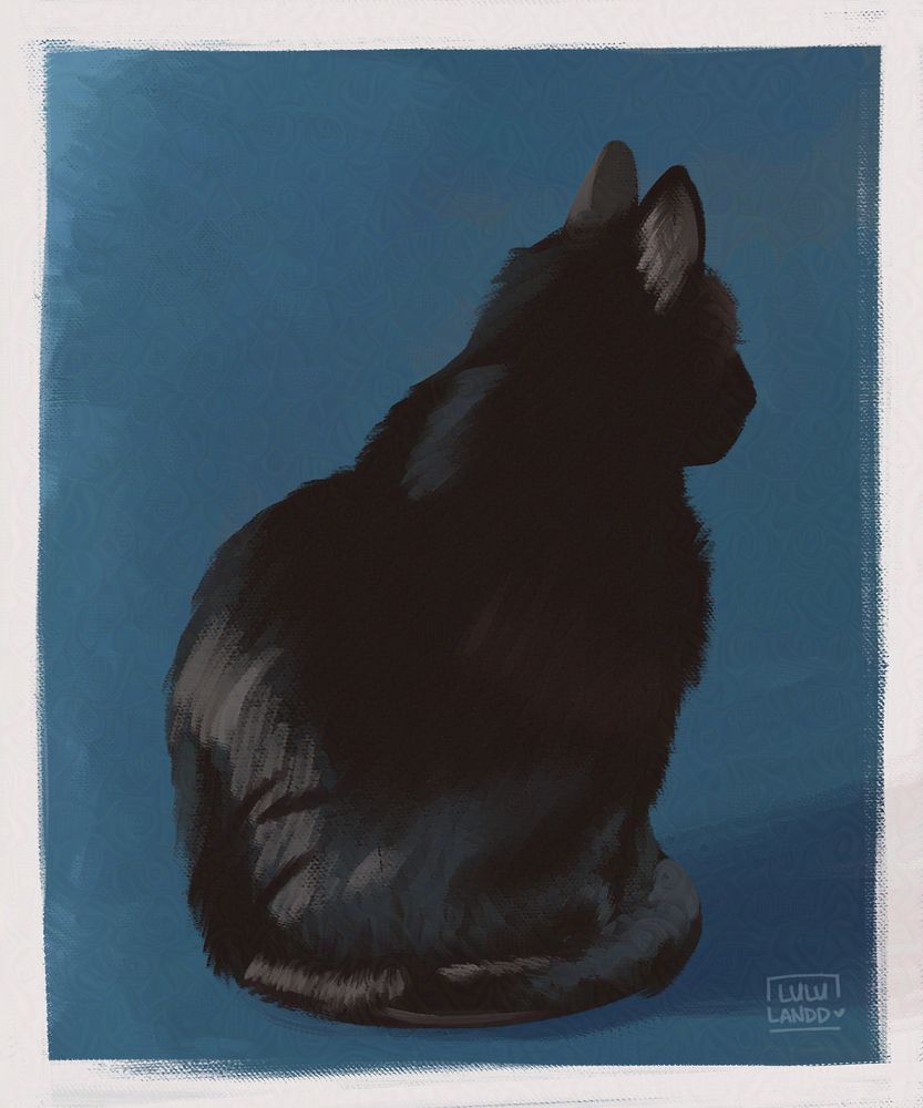 painting of a black cat sitting down facing right