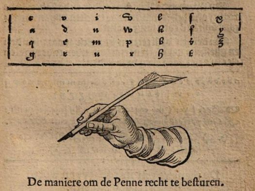 Black and white image of a hand holding a feather with above it examples how to write individual letters