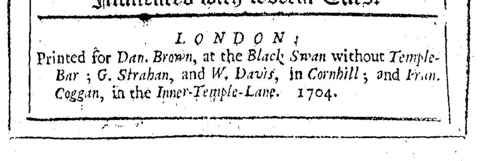 Impressum in black and white, stating 'London: printed for Dan Brown'