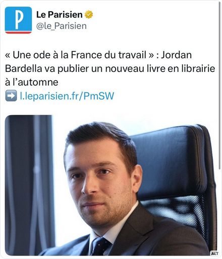 Le Parisien
<< Une ode à la France du travail >> : Jordan Bardella va publier un nouveau livre en librairie à l'automne

En photo: Jordan Bardella
