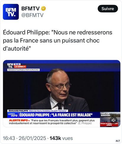 BFMTV 

Édouard Philippe: "Nous ne redresserons pas la France sans un puissant choc d'autorité"
