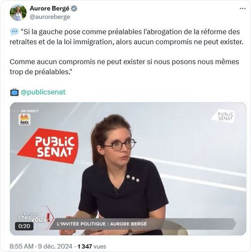 Capture d'écran d'un post de Public Sénat. 

En photo : Aurore Bergé 

"Si la gauche pose comme préalables l'abrogation de la réforme des retraites et de la loi immigration, alors aucun compromis ne peut exister. 

Comme aucun compromis ne peut exister si nous posons nous mêmes trop de préalables."