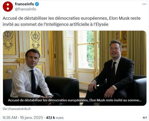 France Info
Accusé de déstabiliser les démocraties européennes, Elon Musk reste invité au sommet de l'Intelligence artificielle à l'Élysée