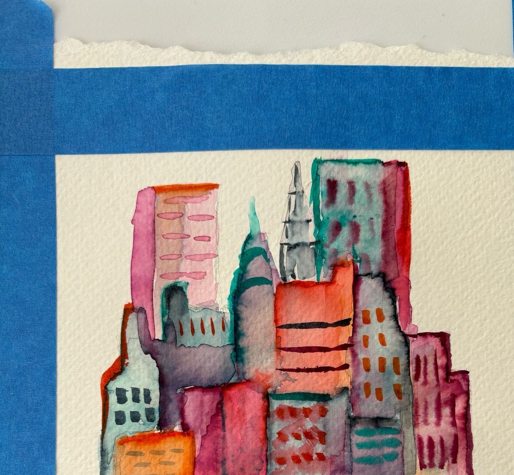 Skyline painted in orange, blue and purple