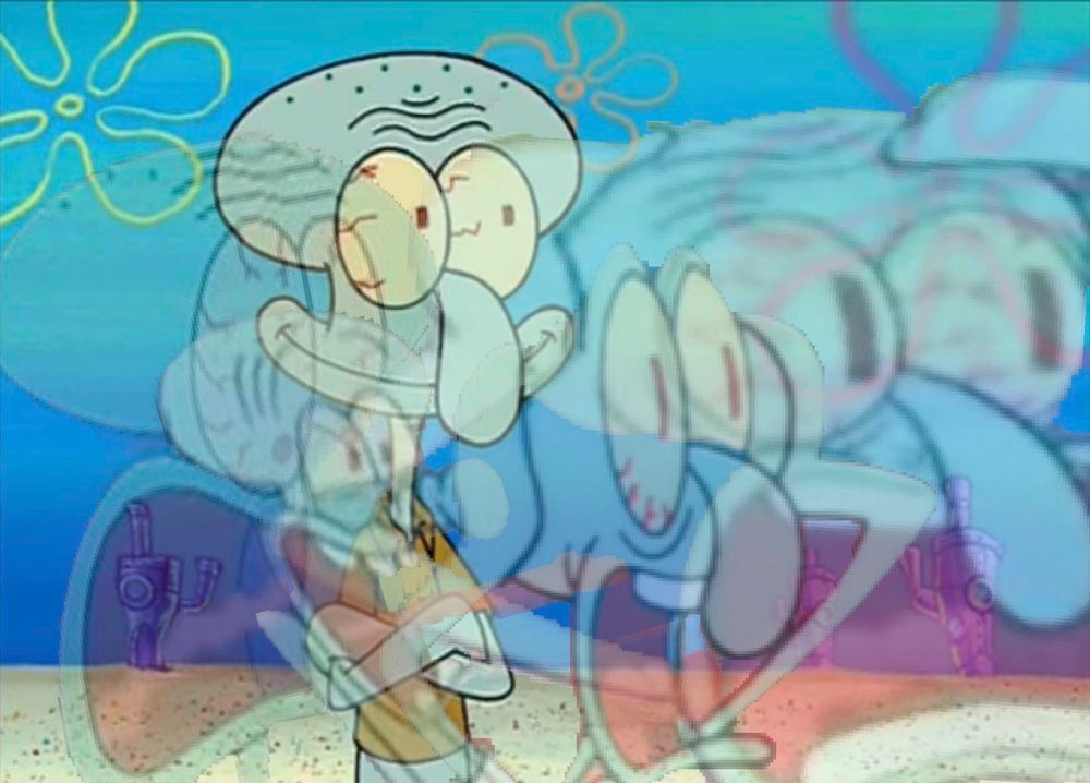 meme of squidward standing with his arms folded eyes wide and smiling, overlaid with semi-transparent images of him screaming in successive horror