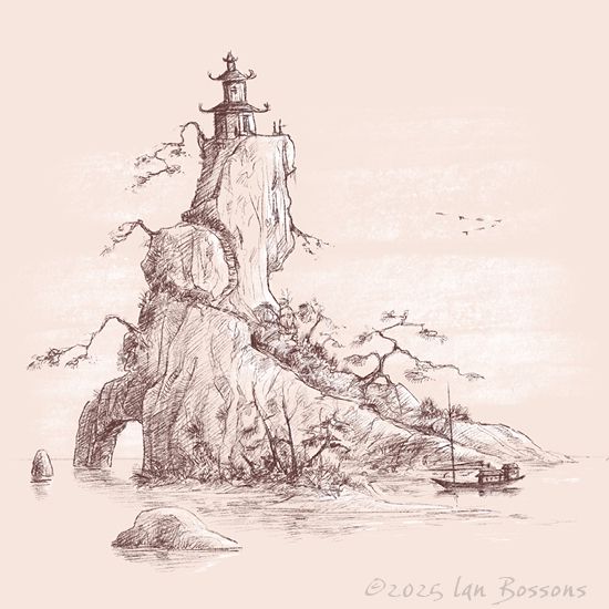 A drawing of an oriental scene with a small building on the top of a rocky island. 