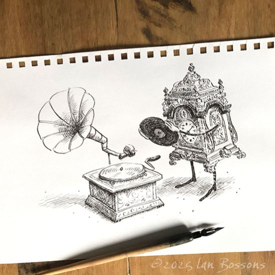 A pen and ink drawing of cartoon carriage clock character placing a record on an old gramophone player. An actual dip pen is resting on the paper to the right.