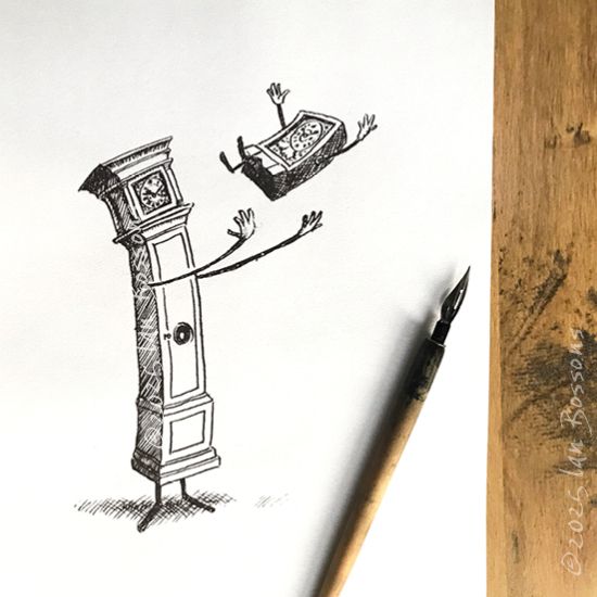 A pen and ink drawing of two traditional cartoon clocks, the tall larger one is throwing the smaller one up in the air. An actual dip pen is resting on the paper to the right.