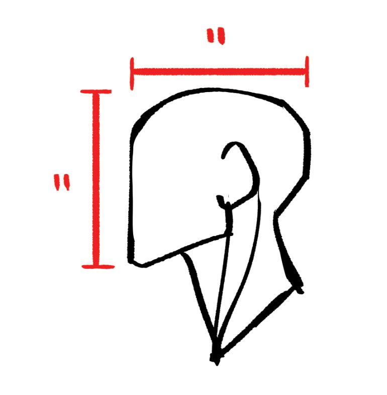 A simple drawing, or diagram, of the head in profile. The front of the head (face) and the depth of the skull (top of the head) are marked and highlighted to show they are the same length.