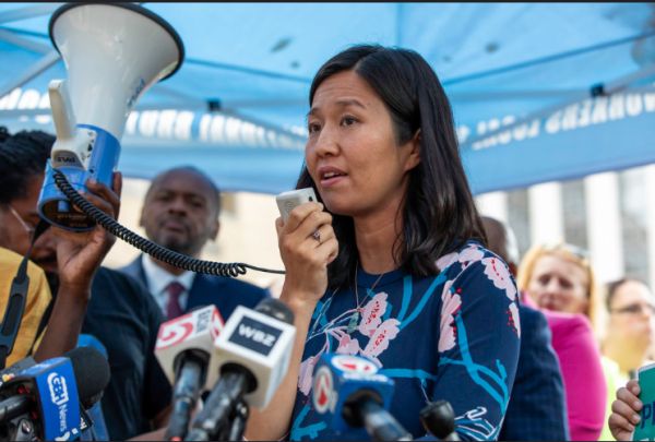 Mayor Wu spoke during rally in support of Carney Hospital and its staff and patients on Monday, July 29, 2024. Mayor's Office photo by Mike Mejia