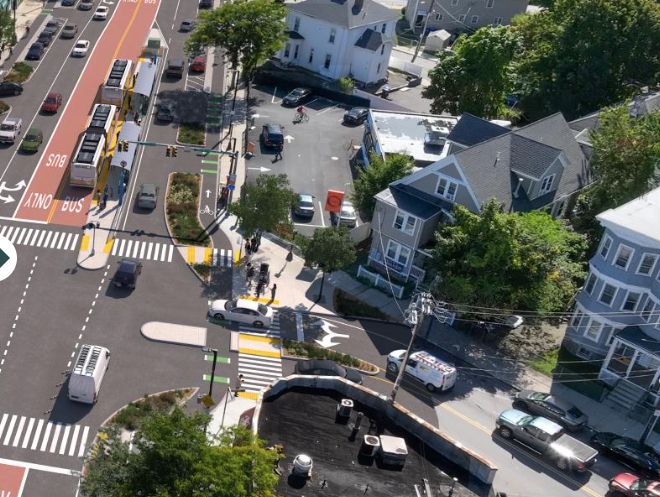 A city rendering shows a proposed reconfiguration of a Blue Hill Avenue intersection.