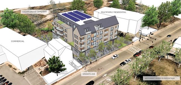 Developer Denis Keohane has proposed a five-story, 25 condo unit building at the busy confluence of Hill Top Street and Granite Avenue.
Renderings courtesy of Spaulding and Tougias Architects