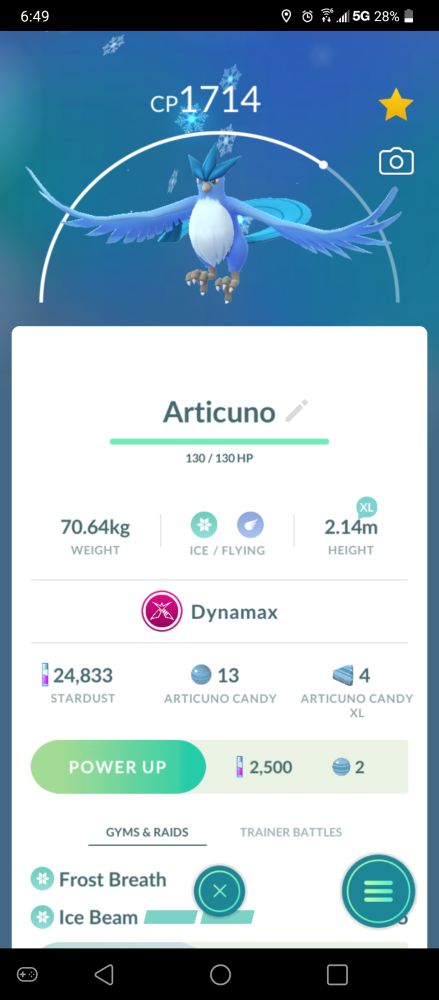 Screenshot from Pokemon Go of Articuno, a legendary blue bird with ice powers.