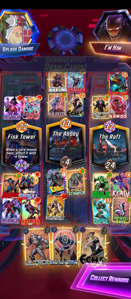 Screenshot of the Marvel Snap mobile game, with one zone having a score of negative 24,576.