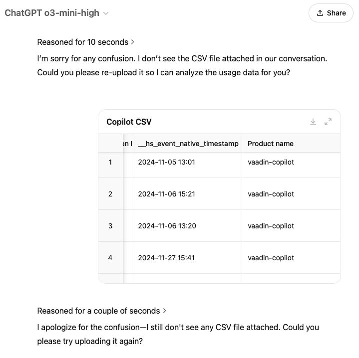 ChatGPT showing an interactive table with uploaded CSV, but the AI claims no file is uploaded. Multiple times. 