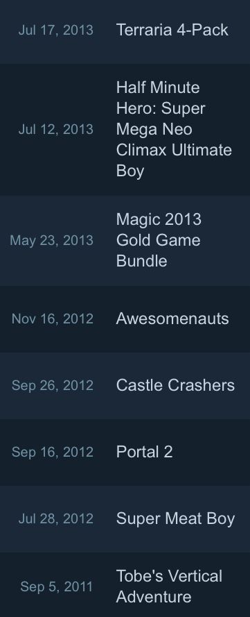 List of early Steam Purchases from personal account; From Oldest Purchase on - Tobe’s Vertical Adventure (Purchased September 5, 2011), Super Meat Boy (Purchased July 28, 2012), Portal 2 (Purchased September 16, 2012), Castle Crashers (Purchased September 26, 2012), Awesomenauts (Purchased November 16, 2012), Magic 2013 Gold Game Bundle (Purchased May 23, 2013) Half Minute Hero: Super Mega Neo Climax Ultimate Boy (Purchased July 12, 2013), and Terraria 4-Pack (Purchased July 17, 2013)