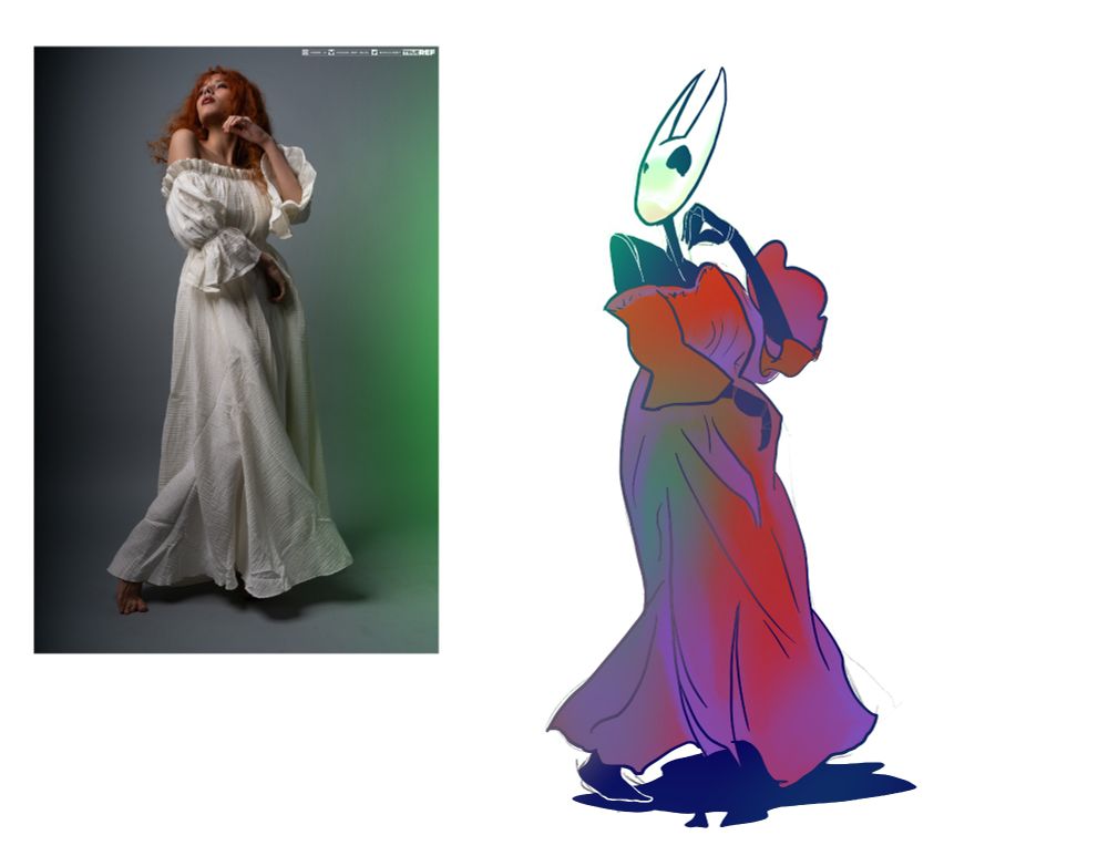 A digital drawing photo study of Hornet Silksong standing in a flowing red dress.