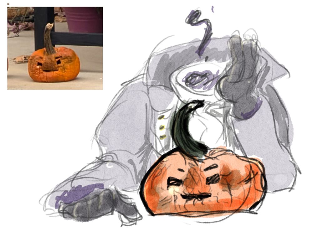 A sketchy digital drawing.  In the top left is a photograph reference of a jack o'lantern that is old and wrinkled so it has a funny, aged-face.  The drawing takes up most of the image and it is a headless horseman sitting behind a drawing of the jack o' lantern.  The headless horseman has an exasperated posture, as if frustrated that his pumpkin head has gone all wrinkly.