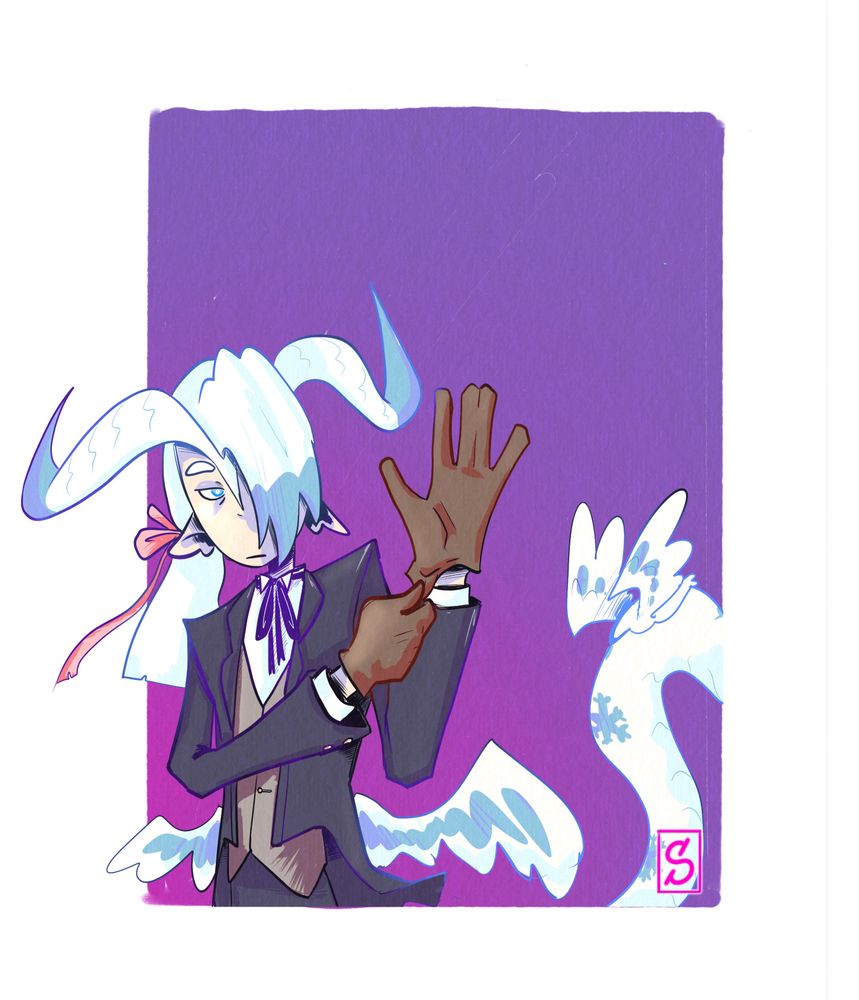 A digital drawing.  A man in old-fashioned formalwear (Monet) stands, adjusting his leather gloves.  He has white hair and two large horns sprouting from his forehead.  One eye is obscured by hair.  A long wined-tail extends out behind him.