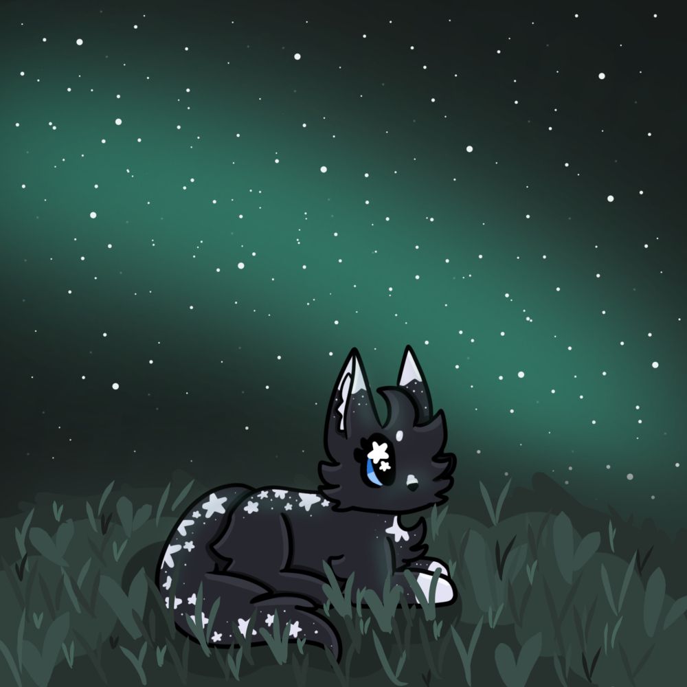 Digital art of a black and white star themed kitty laying in the grass amongst a green themed blanket of stars