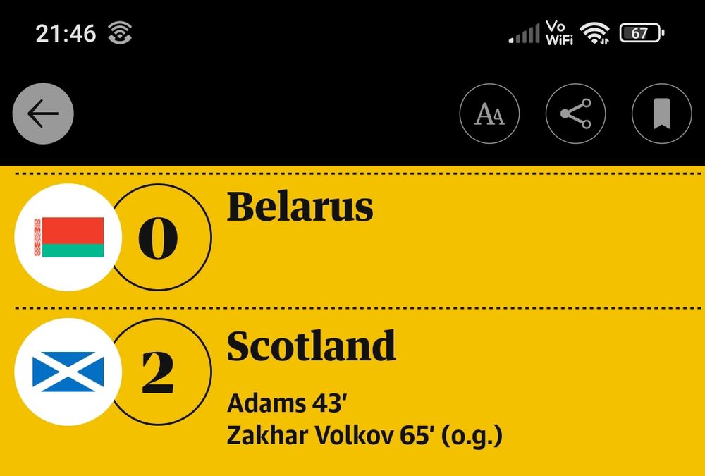 Screen shot of football score showing Belarus 0 Scotland 2 with goals scored by Adams and zakhar volkov (og)