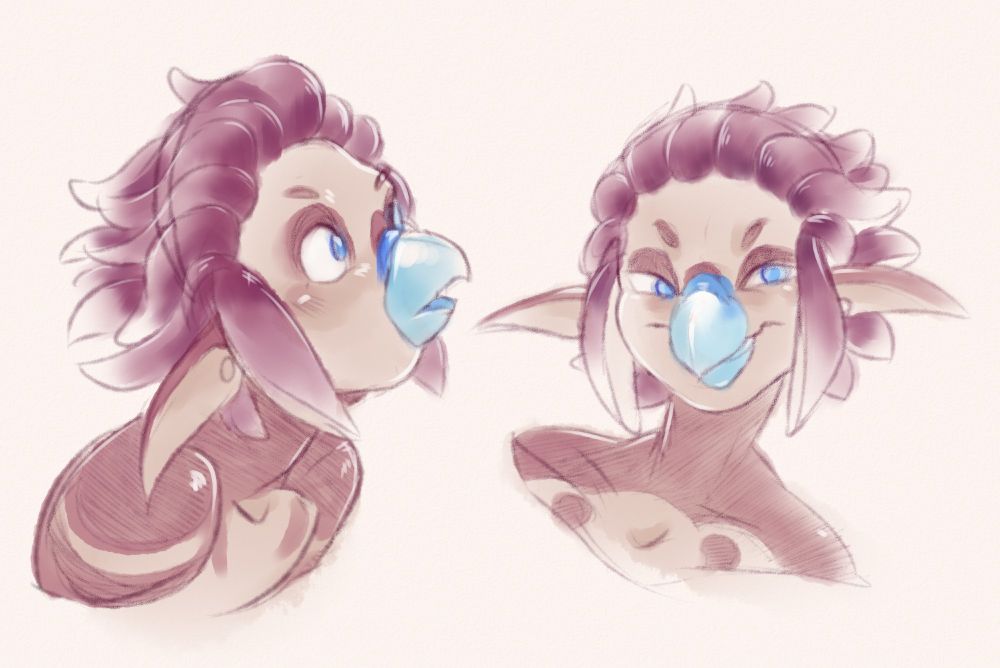 2 headshots of the same character. An anthropomorphic squid with a beaked face and elfish looking ears. It has slicked back tentacles for hair.
