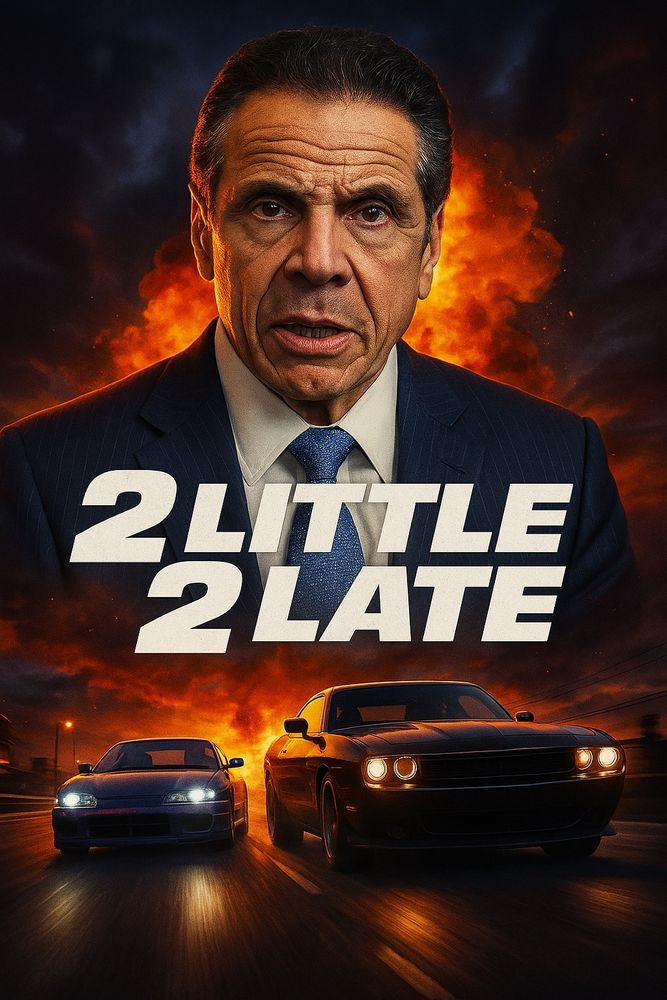 Movie poster with Cuomo and cars with the title “2 Little, 2 Late”