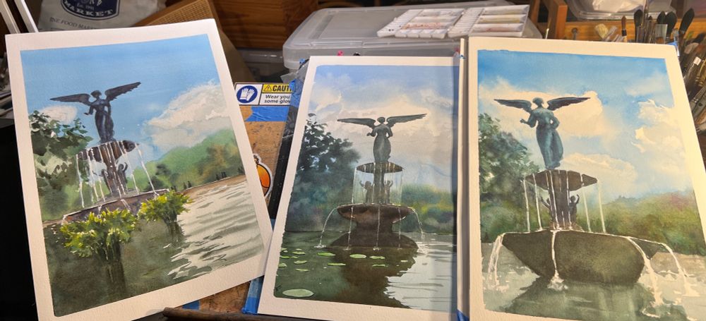 Three different attempts to paint the same fountain