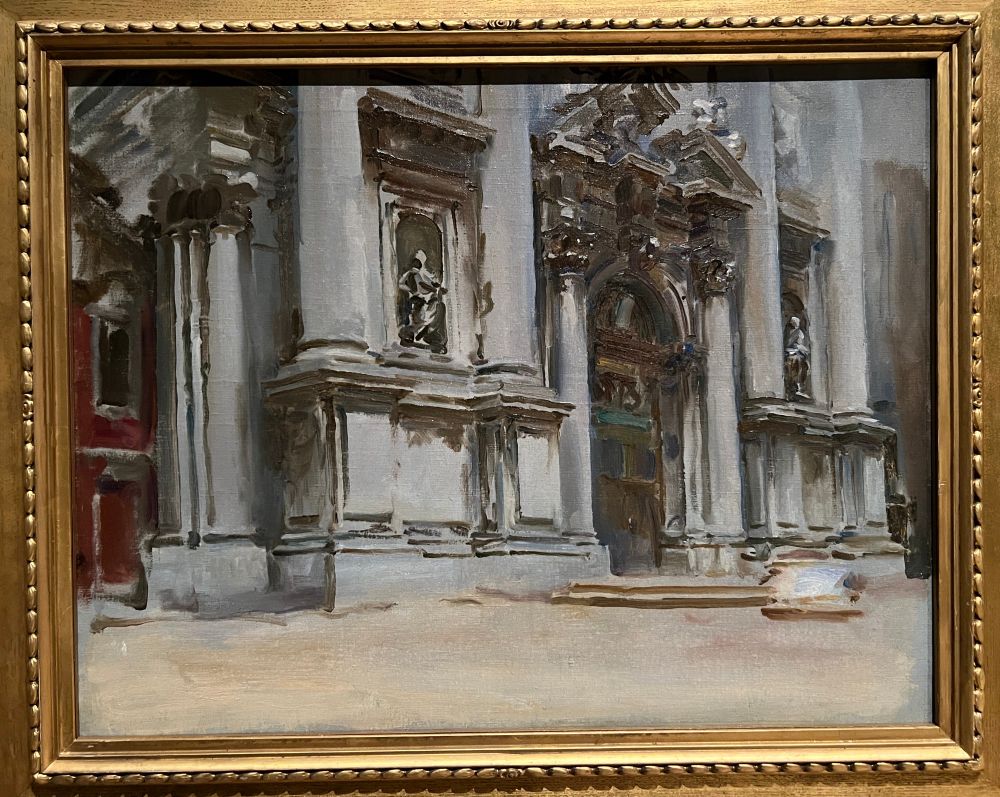 A wonderful, nearly monochromatic, oil of the ornate facade of the Chiesa Di San Eustachio (aka San Stae) on the GC painted around 1910