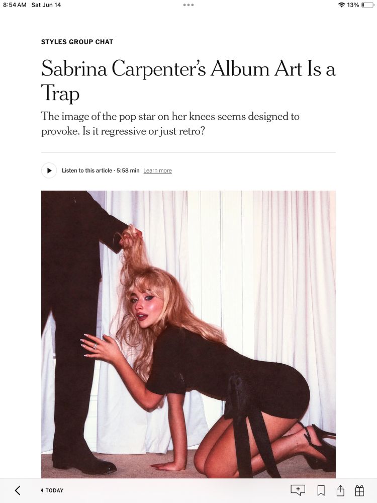 A screen grab of a New York Times article that talks about the cover art of Sabrina Carpenter’s new album. In the photo, Carpenter is on her knees in front of a man, whose head has been cropped out but who is holding Carpenter’s hair like a leash.