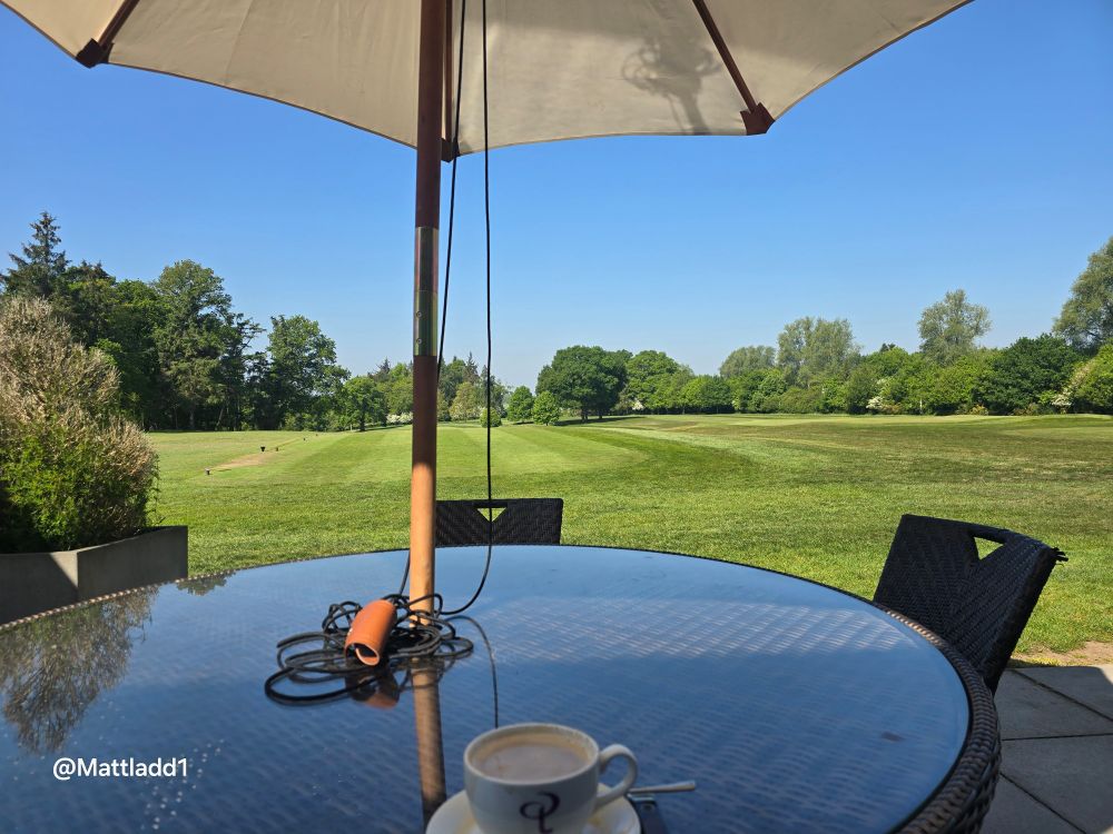 Coffee on the terrace with a view of the 6th tee and 18th hole at Tylney Park GC