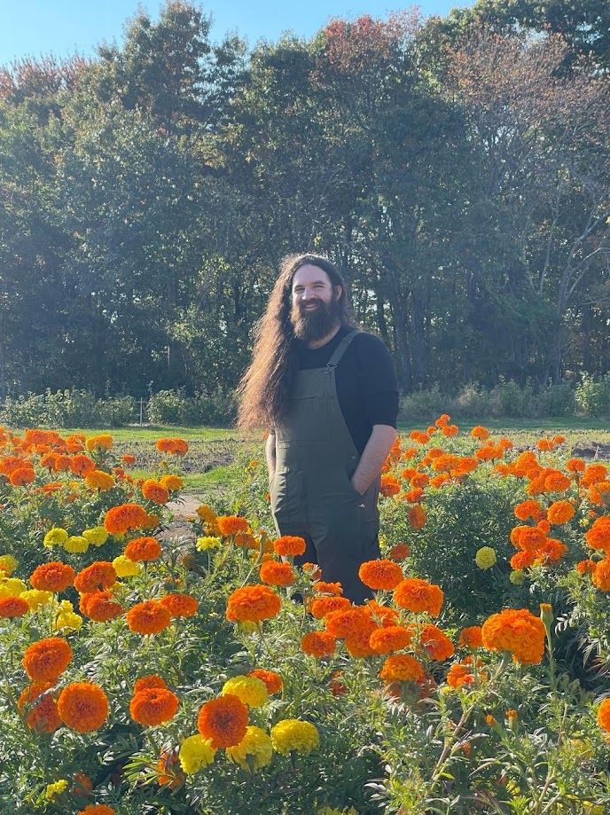 A person standing in a a field of flowers.