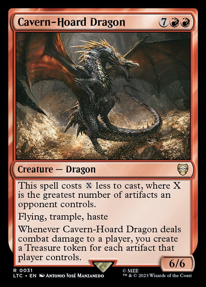 The Magic card Cavern-Hoard Dragon. 7RR for a 6/6 Dragon with:

This spell costs {X} less to cast, where X is the greatest number of artifacts an opponent controls.

Flying, trample, haste

Whenever this creature deals combat damage to a player, you create a Treasure token for each artifact that player controls.
