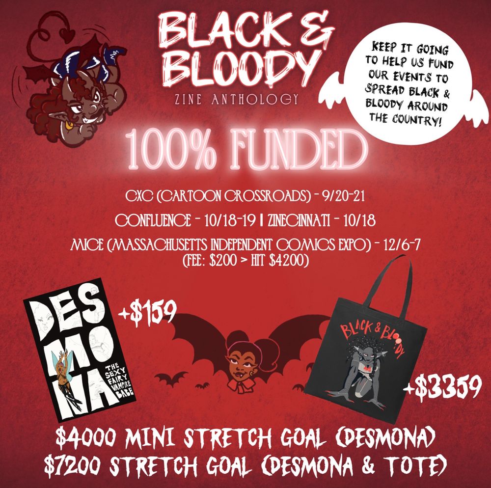 Black and Bloody is 100% funded but have two stretch goals! One for the mini comic Desmona(which has been met), and one for the Black & Bloody tote, which is still ongoing(only 3200 left guise lol).
